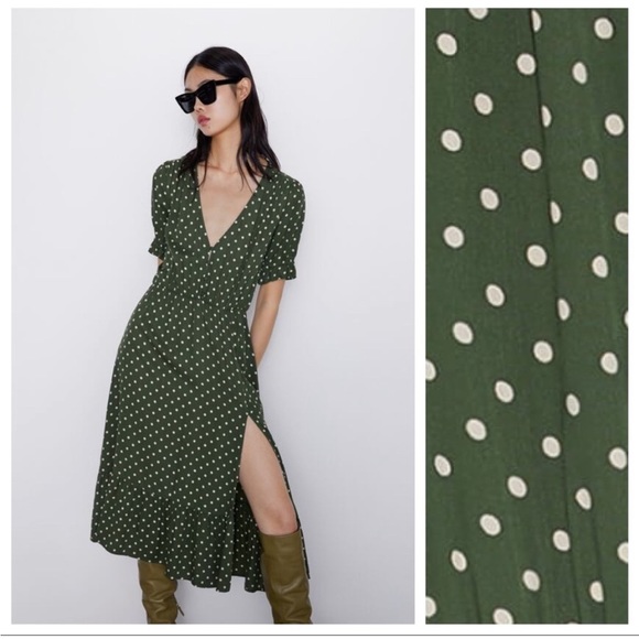 NWT Zara Green Polka Dot Print Dress size XL - Picture 1 of 12